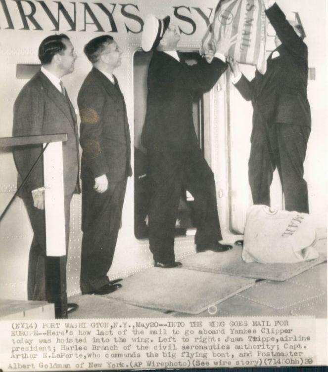 1939 May 20 Pan Am Founder  Juan Trippe Witnesses mail loaded aboard B314 for flight to Europe Capt LaPorte with mail sack 